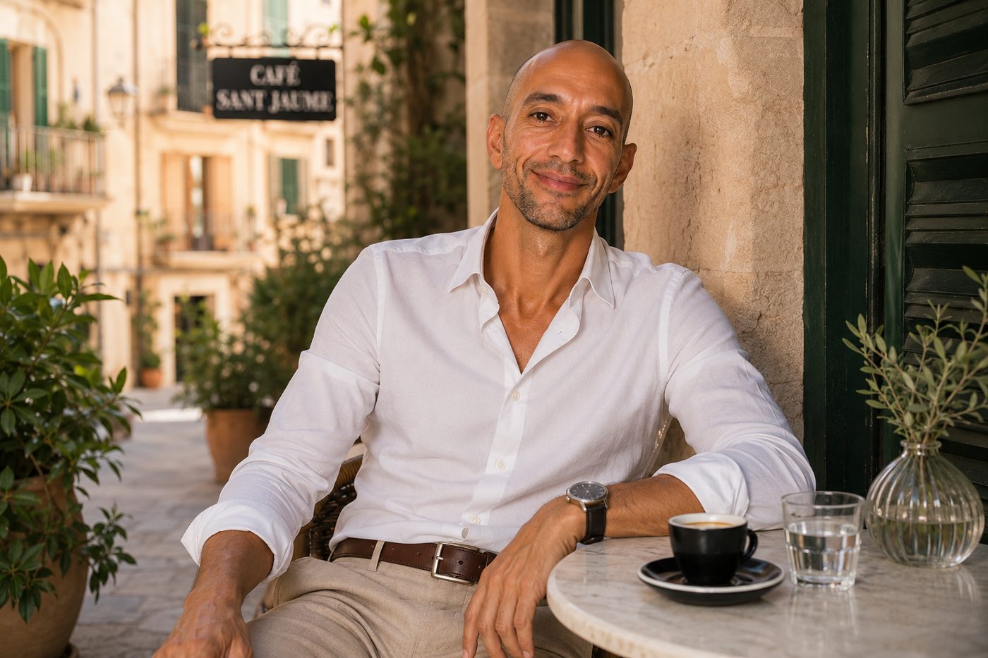 Charlie, acompañante social en Mallorca, en un café del casco antiguo