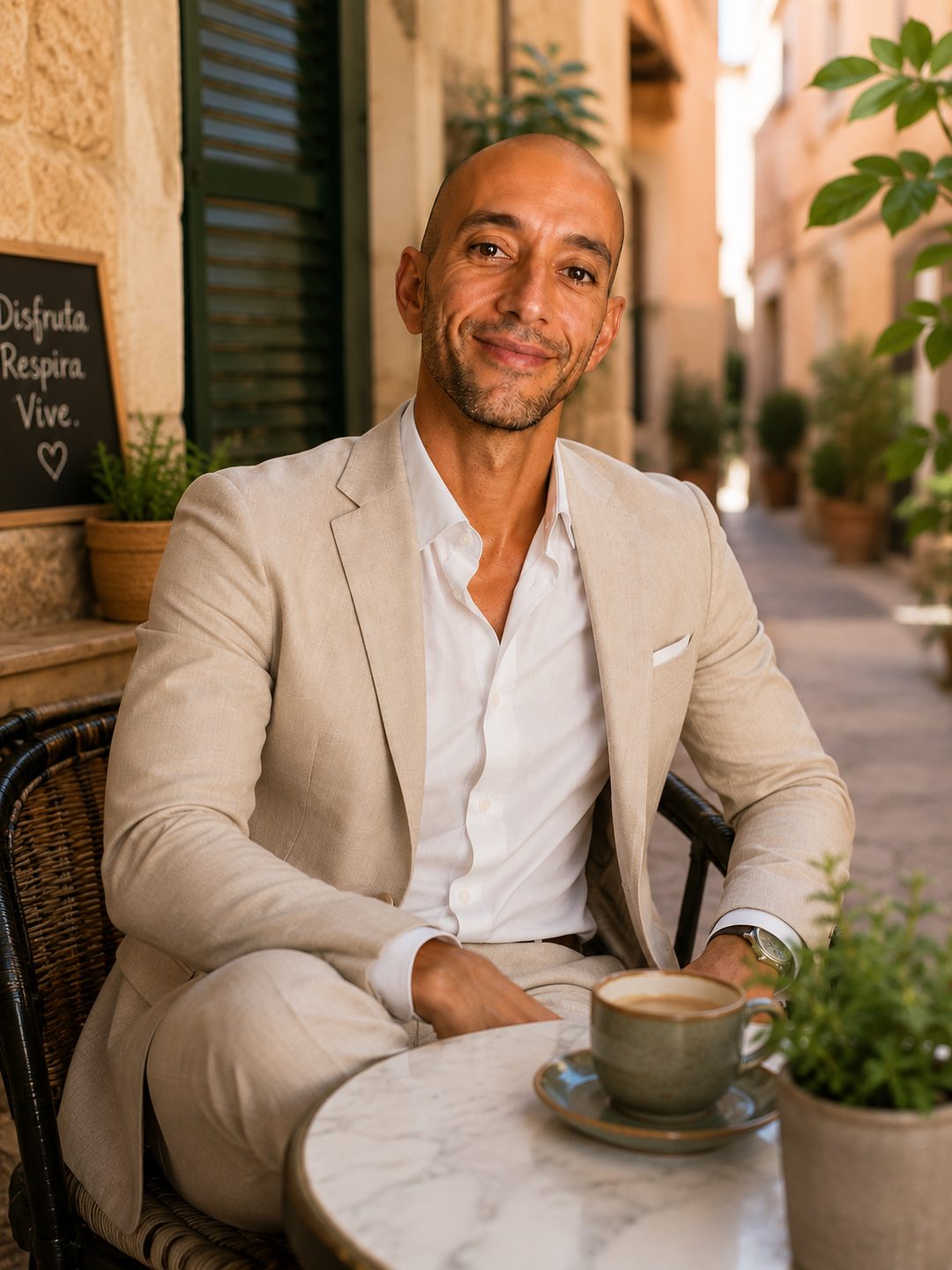 Charlie, acompañante social en Mallorca, en una terraza de Palma